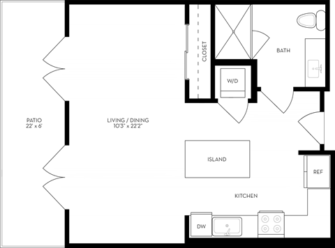 Floor plan for studio, 1 bath, 564 sqft